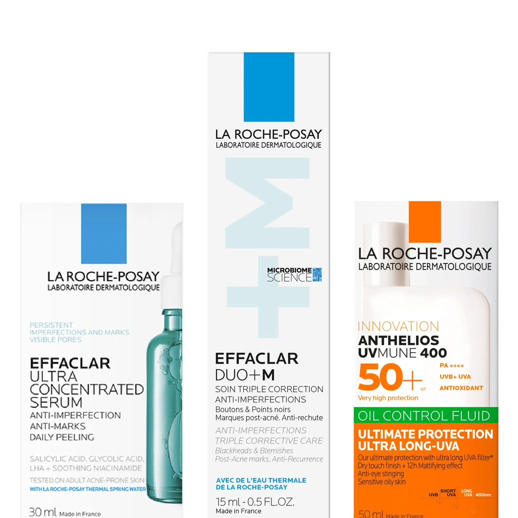 La Roche-Posay Breakout-Fighting and Post-Acne Mark Set: Effaclar Serum, Duo+M Anti Blemish Corrective Care and SPF50+